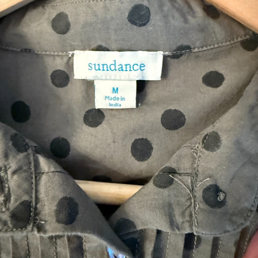 Sundance Olive Green "Lively Days" Top Polka Dot Cotton Pintuck Tunic Blouse MED - Picture 3 of 10